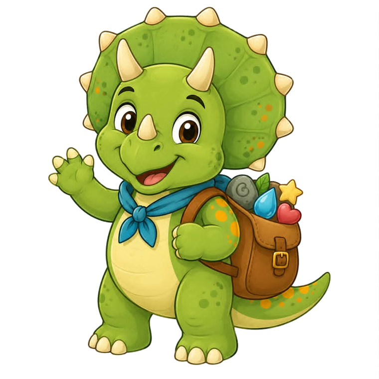 Dini, a kis Triceratops integet, hátán egy kalandtáskával